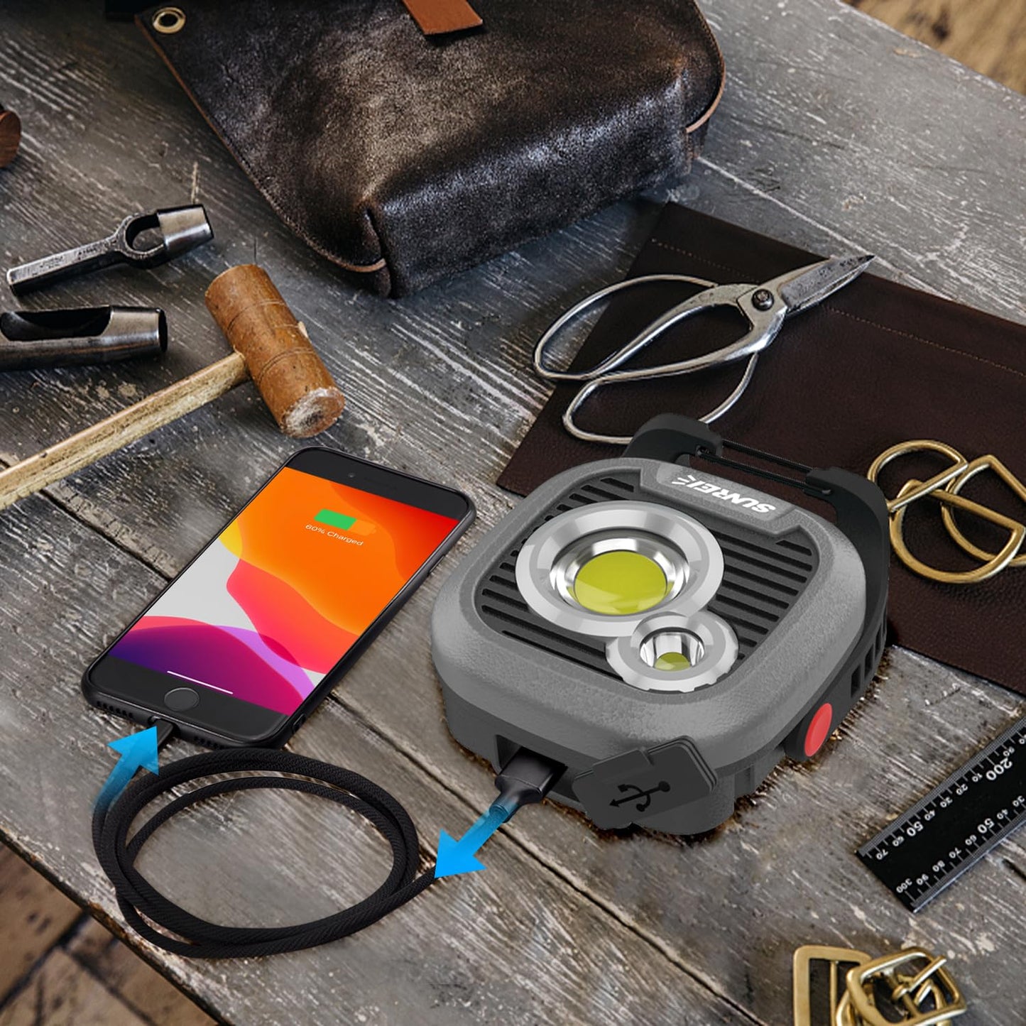LED Rechargeable Magnetic Work Light SUNREI Mechanic Light Power Bank 180° Rotating,1500LM, 6 Modes,Magnetic&Hook, IPX5 Waterproof, Magnetic Flashlight for Camping, Car Repairing(Gary)