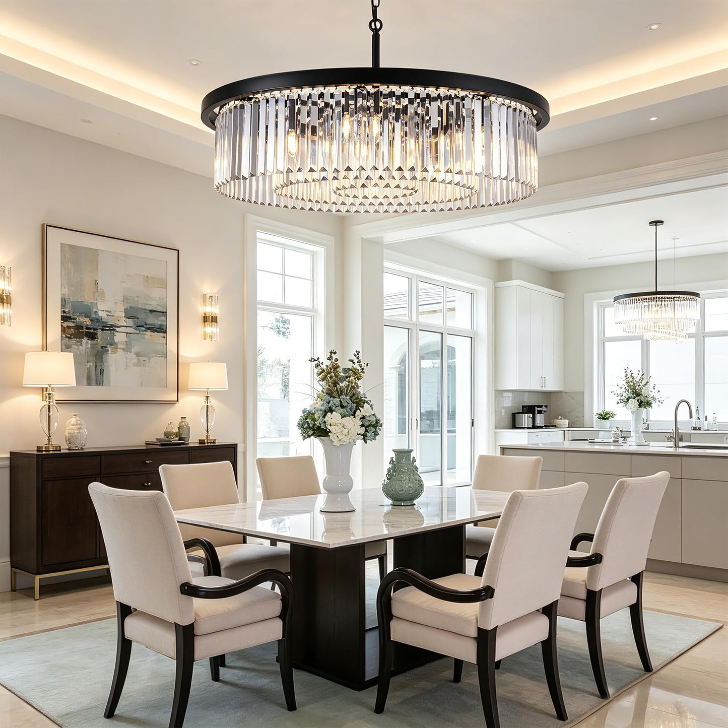 Wellmet Modern Black Crystal Chandelier, 33.5" Large 3-Tier Round Pendant Light with Adjustable Chain, 9-Light Luxury Crystal Ceiling Fixture for High Ceiling Foyer, Grand Living Room, Dining, Bedroom