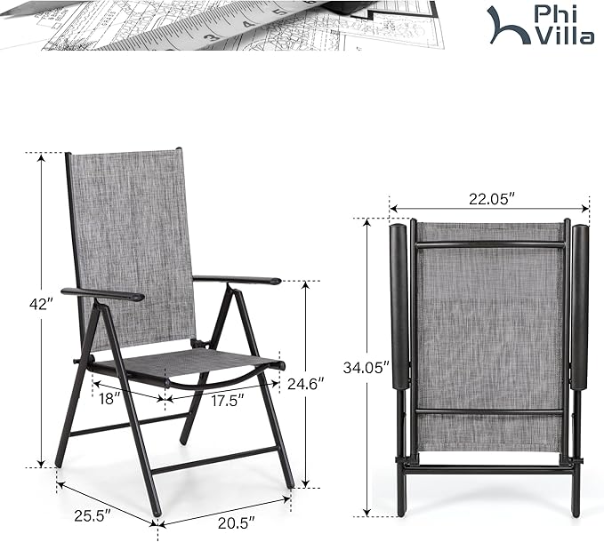 PHI VILLA Outdoor Patio Folding Chairs Set of 2, Portable Patio Dining Chairs with Adjustable Backrest for Outside, Garden, Lawn & Yard, No Assembly, Grey