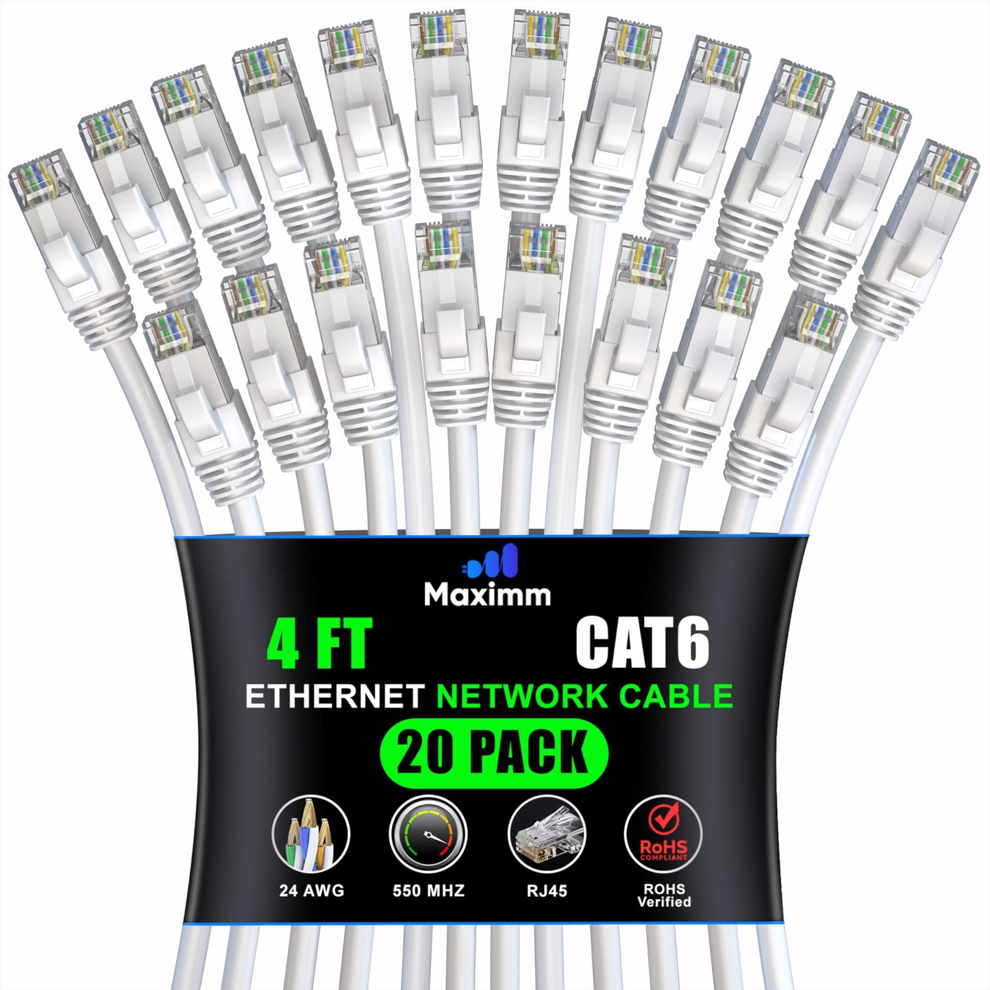 Maximm Cat 6 Ethernet Cable 4 Ft (20-Pack) - High-Speed Lan Cable, Internet Cable, Patch Cable, And Network Cable - Utp, 10Gbps,