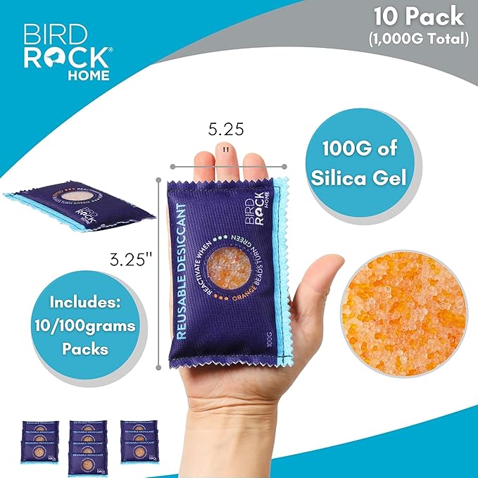 BIRDROCK HOME Reusable Desiccant Pack 100g (10-Pack) – Silica Gel Moisture Absorber & Humidity Control Packs for Electronics, Camera Bags, Gun Safes, Luggage & Storage