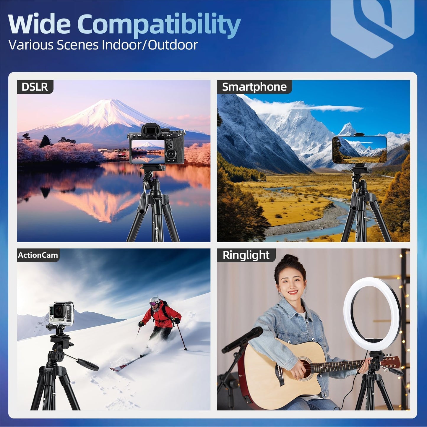 Fotopro 48 Camera Phone Tripod With 3-Way Head Phone Mount Remote Control, Aluminum Lightweight Portable Travel Tripod Stand For