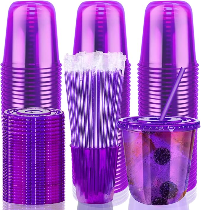 Xuelimei 12oz Disposable Stemless Glasses with Flat Lids and Straws,PET Disposable Drinking Cups,Clear Plastic Wine Glasse...