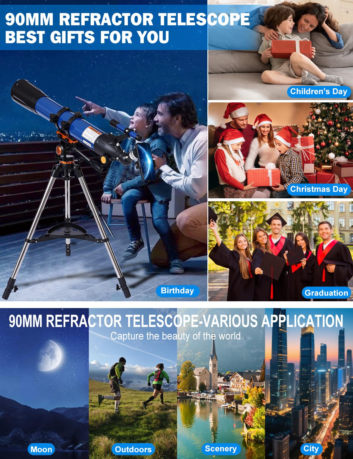 Uonol Telescope for Adults High Powered 90mm Aperture 800mm,Refractor Telescopes for Astronomy Beginners with AZ Mount Tripod,Phone Adapter,Carry Bag (80090blue)