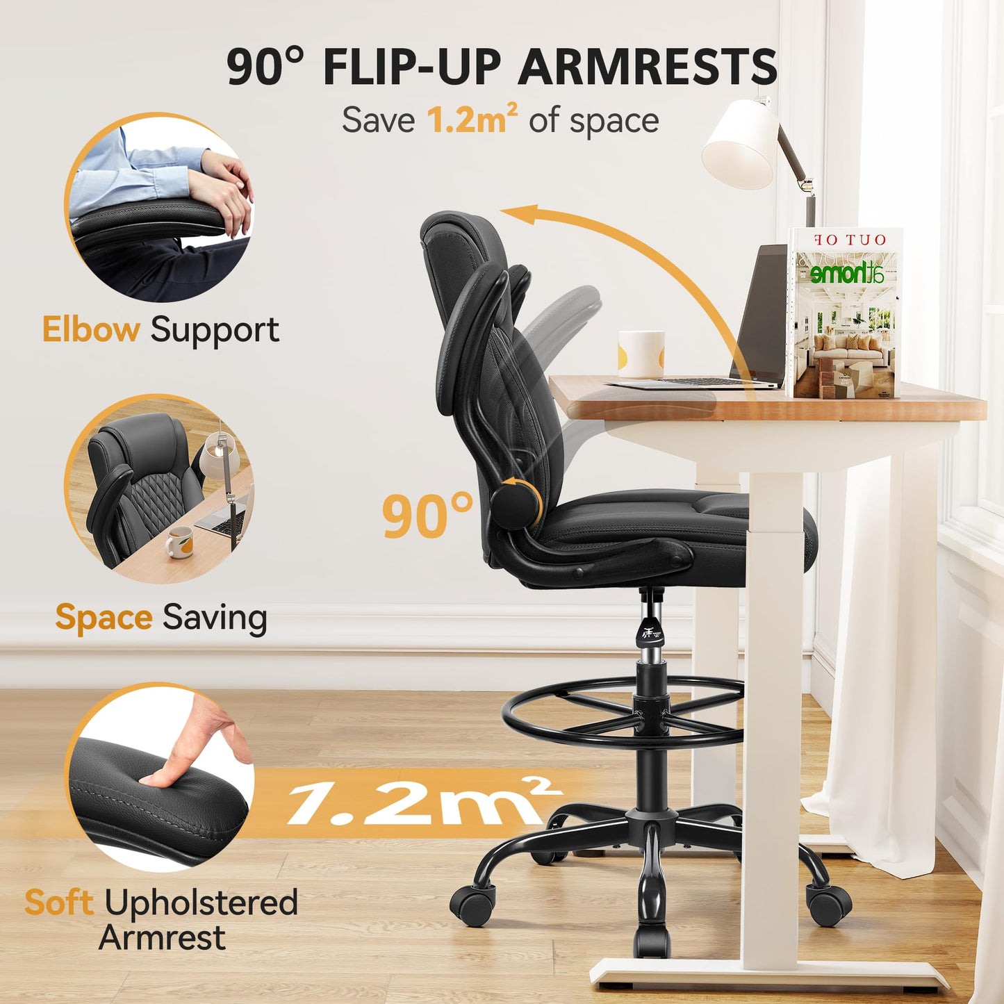 Drafting Chair,Tall Office Chair for Standing Desk,High Executive Leather Ergonomic Computer Chair with Adjustable Height and Flip-Up Armrest for Counter Height Desk,Black