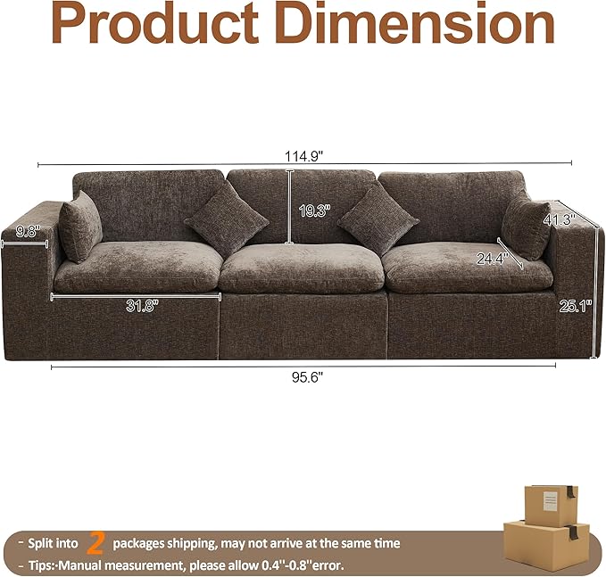 115''Cloud Boneless Sectional Couch, Modular Sectional Sofa Deep Seat, Oversized Upholstered Convertible Comfy 3 Seater Chenille Memory Foam Sofa Couches for Living Room, Brown