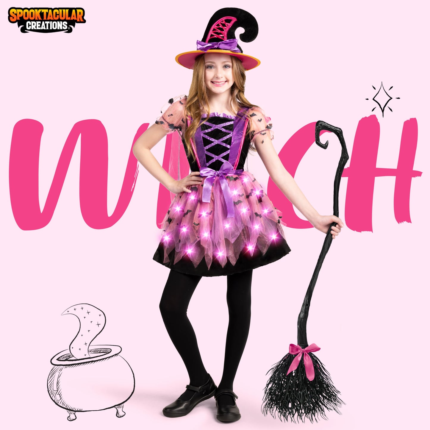 Spooktacular Creations Girls Light Up Witch Costume, Kids Witch Costume with Hat and Broom for Toddler Halloween Dress Up Parties (Toddler (3-4yr))