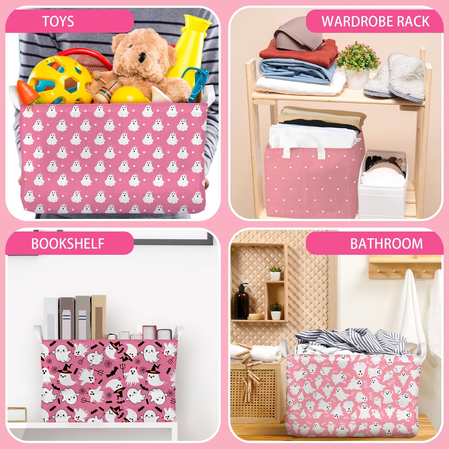 Chunful 4 Pcs Halloween Storage Baskets Pink Ghost Laundry Baskets Pink Hamper Foldable Storage Bins with Handle Collapsible Organizer for Home Closet Office Bedroom