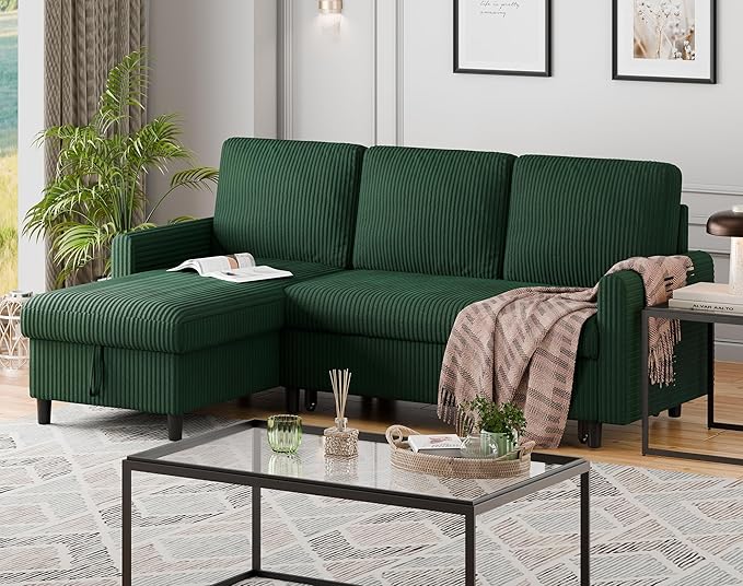 Nuturelly Sectional Sofa Couch Bed L Shaped Sleeper Sofa Bed Pull Out Bed with Storage, Reversible Sectional Couches for Living Room, Apartment, Office(Green)