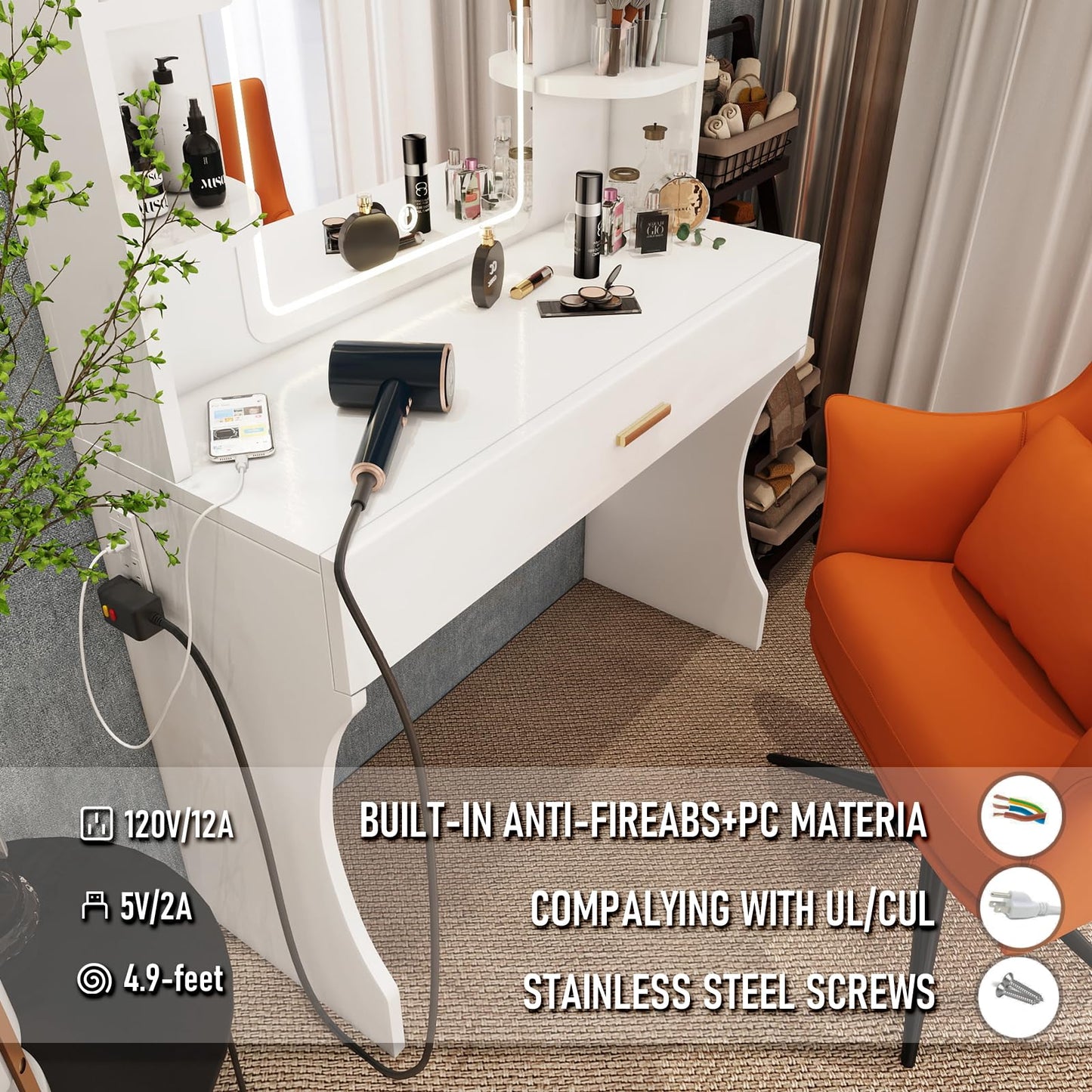 CFTEL Vanity Desk, Makeup Vanity with Mirror and Lights, White Makeup Vanity Table with Big Drawer, Power Outlet, Stronger Links, for Bedroom, Dressing Room