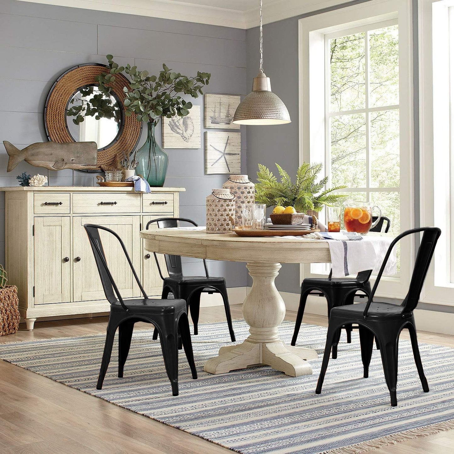 Devoko Metal Indoor-Outdoor Chairs Distressed Style Kitchen Dining Chairs Stackable Side Chairs with Back Set of 4 (Black)
