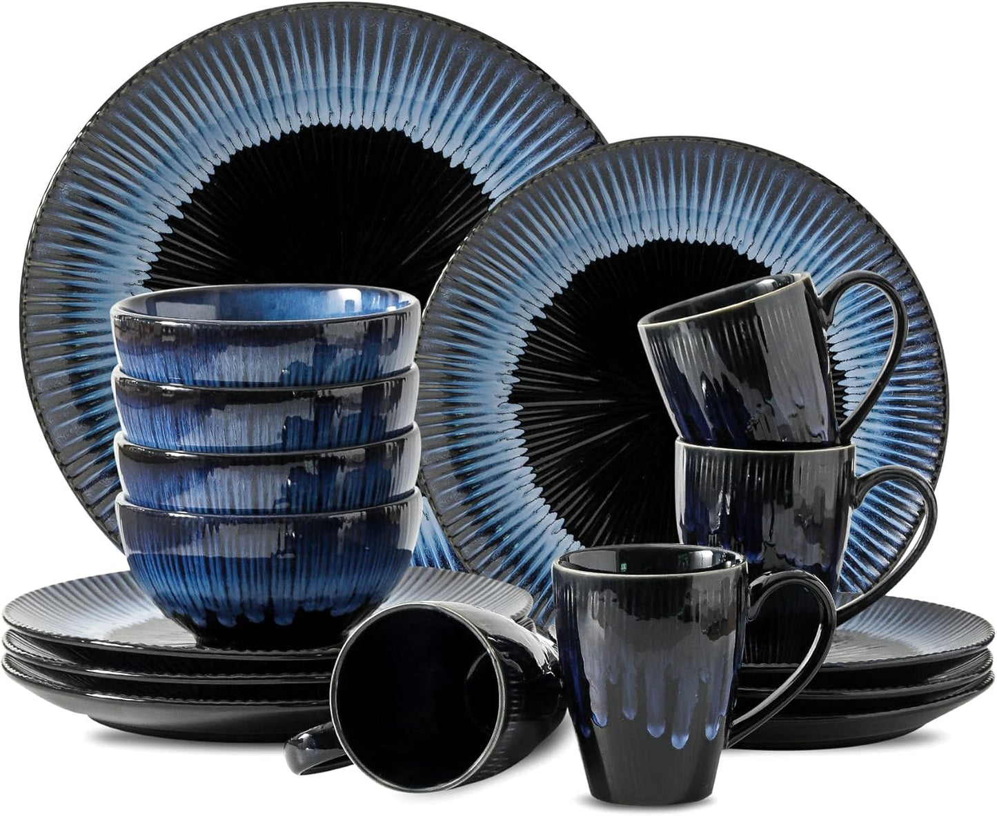KOOV Ceramic Dinnerware Set of 16, Plates, Bowls, Cups for Party, Microwave & Dishwasher Safe, Reactive Glaze (Nebula Blue)