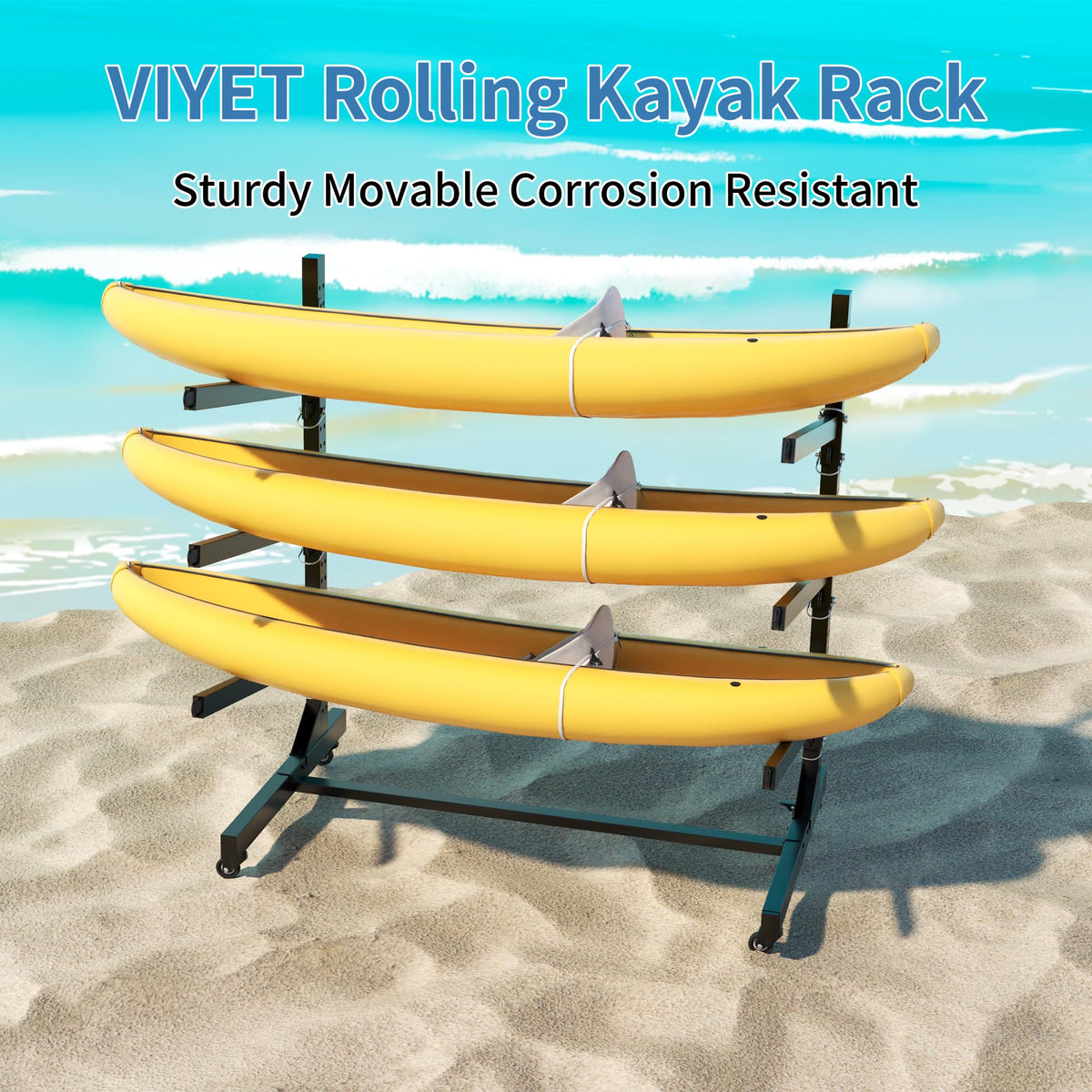 Yukimo Kayak Rack, Heavy Duty Freestanding Kayak Storage Rack with Movable Wheels, Adjustable Rust-Proof Outdoor Kayak Rack for Holds Kayaks, Canoes, SUPs & Paddleboards. (3-Level)