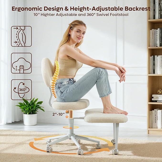 Cross Legged Office Chair with Wheels for ADHD, Ergonomic 360° Swivel Height-Adjustable Meditation Chair for Yoga, Kneeling Chair with 4 inch seat Cushion and Lumbar Support, Teddy Fabric, Off White