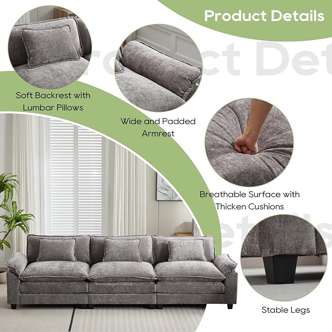 Oprisen 120" Modular Sectional Sofa, Comfy Cloud Couch Sectional Sofa, Chenille Sofa Sleeper Deep Seat Sofa with Throw Pillows for Living Room (Light Gray, 120"- 3 Seater)