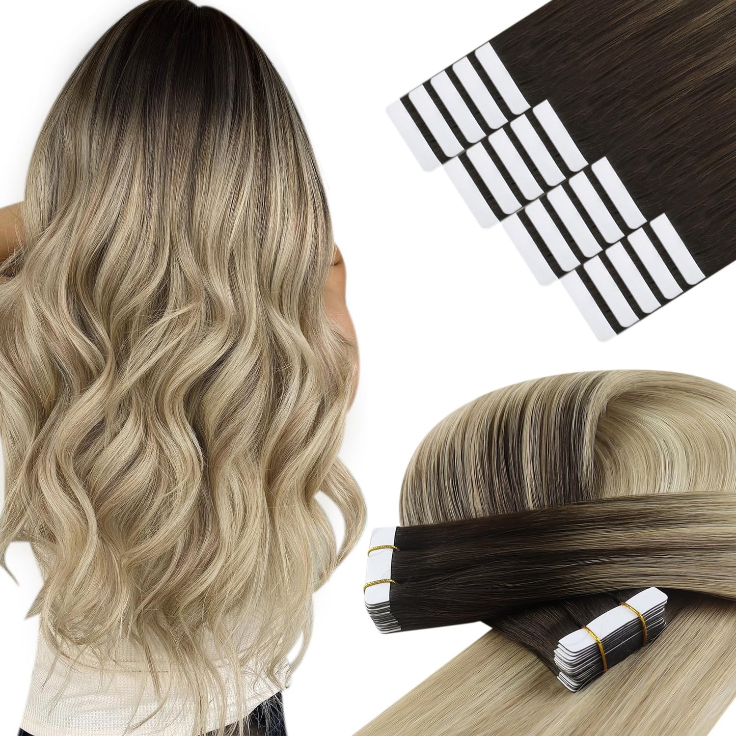 YoungSee Human Hair Tape in Extensions Ombre Hair Extensions Tape in Real Hair Ombre Dark Brown to Blonde Tape Hair Extensions R