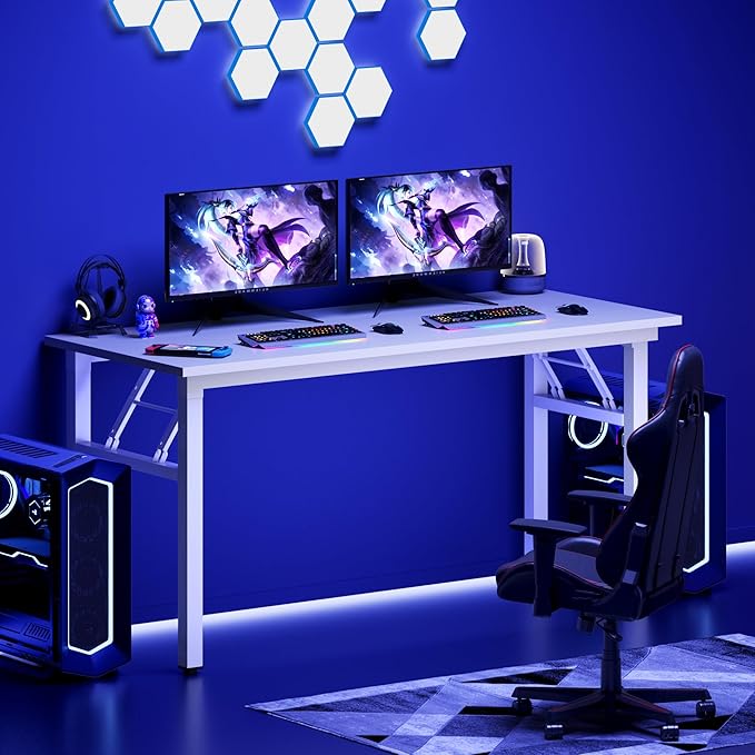 DlandHome Computer Desk, 59.8Inch Office Desk Computer Table, Study Writing Study Desk for Home Office, White Desktop and White Frame