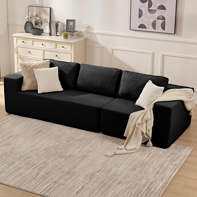 Furnify 40" Giant Bean Bag Chair for Adults, Upholstered Floor Sofa Couch with Pillow, Teddy Boucle Sofa for Bedroom Living Room, No Assembly Required (Black, Teddy Boucle)