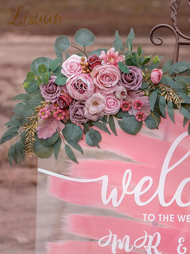 Wedding Arch Flowers, Artificial Floral Decor for Wedding Ceremony & Reception, Standard Size Large Flower Swag Set for Backdrop & Welcome Sign, Pack of 2 (Dusty & Blush)