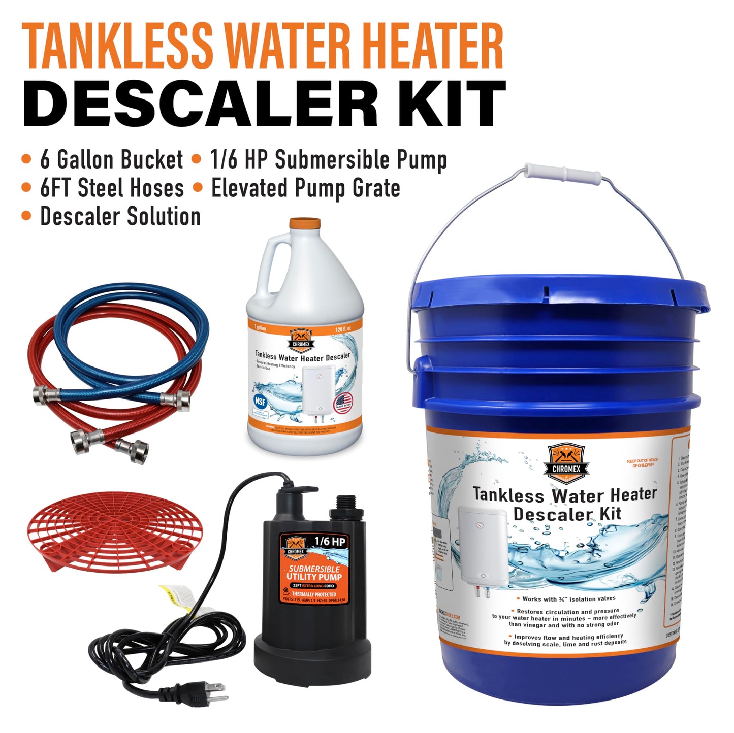 Chromex Tankless Water Heater Flush Kit with Gallon NSF Certified Liquid Descaling Solution and 1/6HP Extra Strength Pump