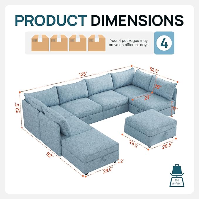 Oversized Modular 8 Seater Sofa with Removable Covers and Storage, Convertible U, L-Shaped and Sleeper Sectional, Modern Sectional Couch with Ottoman Chaise for Living Room, Bedroom, Apartment, Blue
