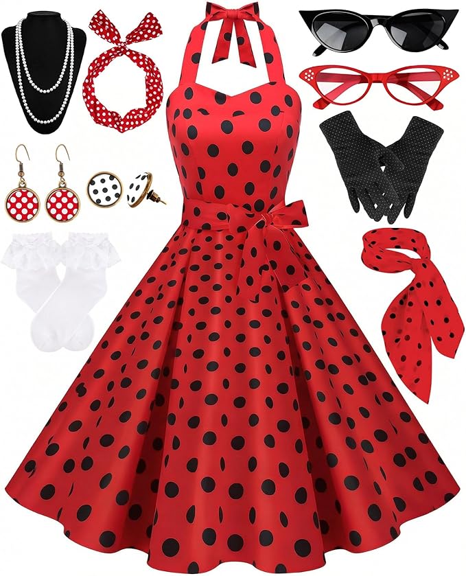 Women's 1950s Polka Dress Set Audrey Vintage-Inspired Cocktail Halter Swing Dress with Accessories 10PCS