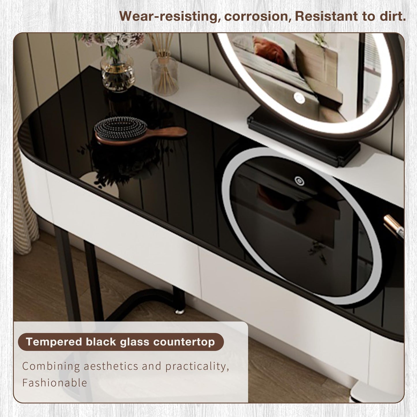 KDCAS Small Vanity Desk with Mirror and Lights| Modern Makeup Vanity Table with Adjustable Nightstand and 4 Storage Drawers| Black and White Dressing Table for Bedroom Space