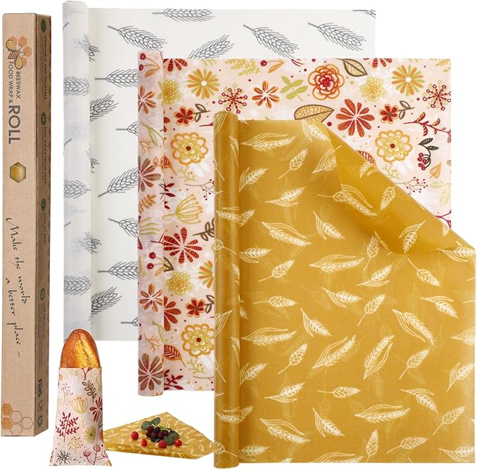 Moukeren 3 Rolls Reusable Beeswax Wrap Roll Bees Wrap "13 x 40" Beeswax Wraps for Food Beeswax Paper Wrappers Cotton Bread Sandwich Wrapper for Kitchen Storage Gifts, 3 Styles(Classic)