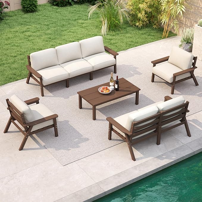 Patio Kingdom 7 Piece Patio Furniture Set, HDPE Outdoor Sectional with Beige Washable Thick Cushions, Coffee Table & Side Table, Patio Conversation Sets for Lawn, Garden, Porch, Balcony (Brown Frame)