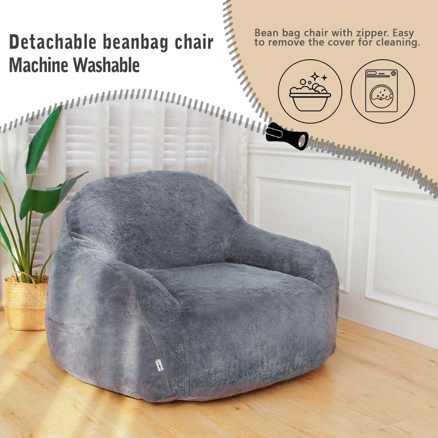 FAREYY Giant Bean Bag Chair with Armrests, Oversized Bean Bag Couch for Adults and Kids, Faux Fur Comfy Large Chair with Filler, Stuffed Lounge Floor Boneless Chair for Living Room, Light Gray
