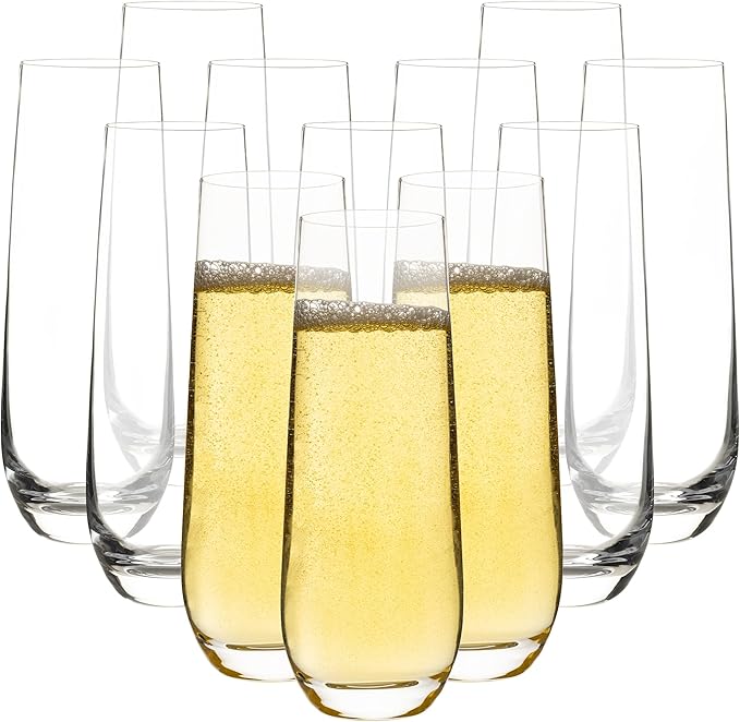 Stemless Champagne Flutes Set of 12, 10 oz Modern Clear Glasses for Champagne, Mimosas, Prosecco and Cocktails, Durable an...