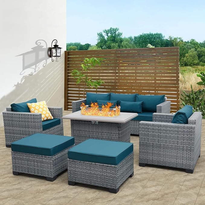 Lviden 6 Pieces Wicker Patio Furniture Sets Outdoor Conversation Set HDPE Rattan Sectional Sofa Couch with 45" Fire Pit Table and Peacock Blue Cushions