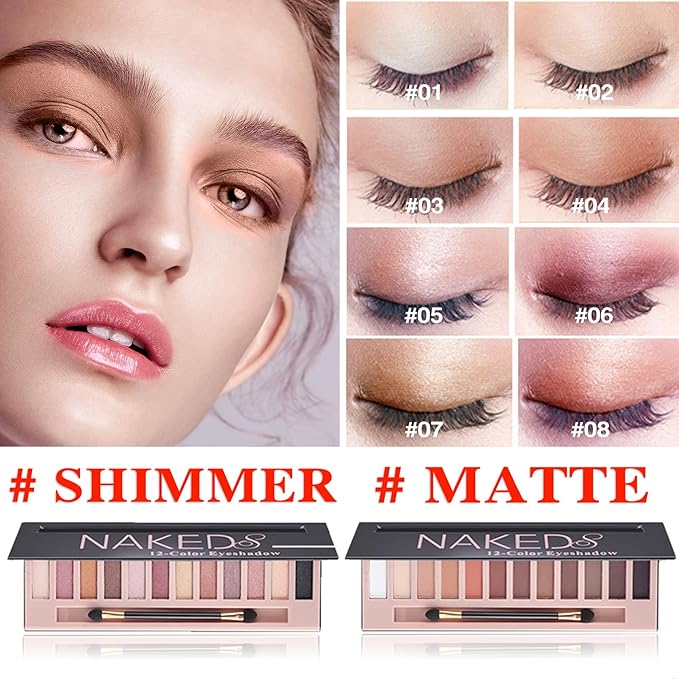 12 Shades Nude Matte Eyeshadow Palette, Shimme Naked Eyeshadow, Natural Flash Waterproof Durable Smoked Professional Makeup With Brush Pearl+Matte