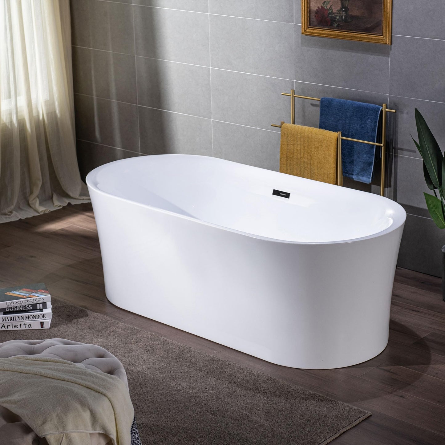 WOODBRIDGE 67" Acrylic Freestanding Bathtub Contemporary Soaking Tub with Matte Black Overflow and Drain,White Tub