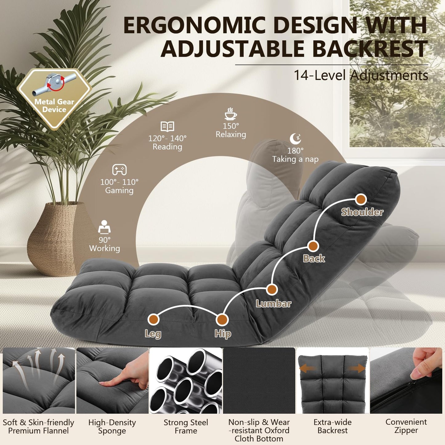 Floor Chair with Back Support, Folding Sofa Chair with 14 Adjustable Position, Padded Sleeper Bed, Couch Recliner, Floor Gaming Chair, Meditation Chair, Floor Lazy Sofa Chair for Adults & Kids