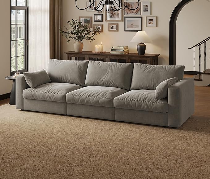 Cloud Modular Sectional Sofa Couch, 99" Oversized Sectional Couches for Living Room, Cloud Modular I-Shaped Sofa with Chaise, 3 Seater, Chenille, Light Gray