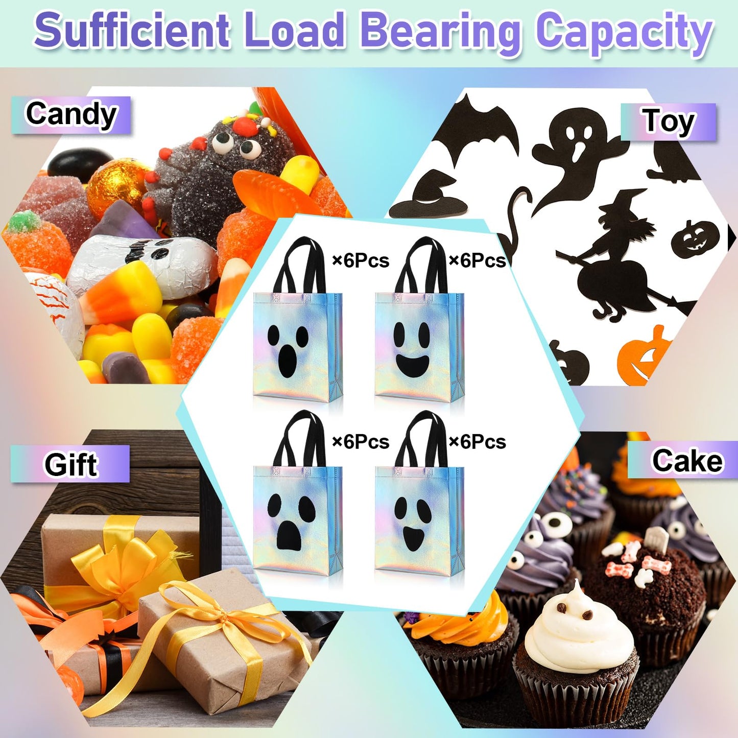 Paterr 24 Pcs Iridescent Halloween Trick or Treat Bags Holographic Ghost Candy Goodie Tote Reusable Non-woven Gift Bags for Summer Halloween Party Supplies Favors, 8''x4''x10''