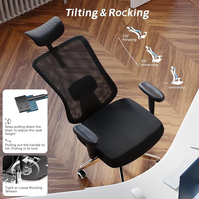 ZYFFHYLAI Ergonomic Office Chair, Mesh Desk Chair with Adjustable Headrest and 2D Armrest，Computer Chairs with Lumbar Support, Big and Tall Office Chair 400lbs, Large (01black)