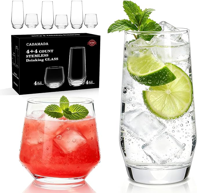 Cadamada Drinking Glasses Set, 4 Highball Glasses 18 oz & 4 Stemless Rocks Glasses 13 oz,Glass Cups,Glassware Sets for Coc...