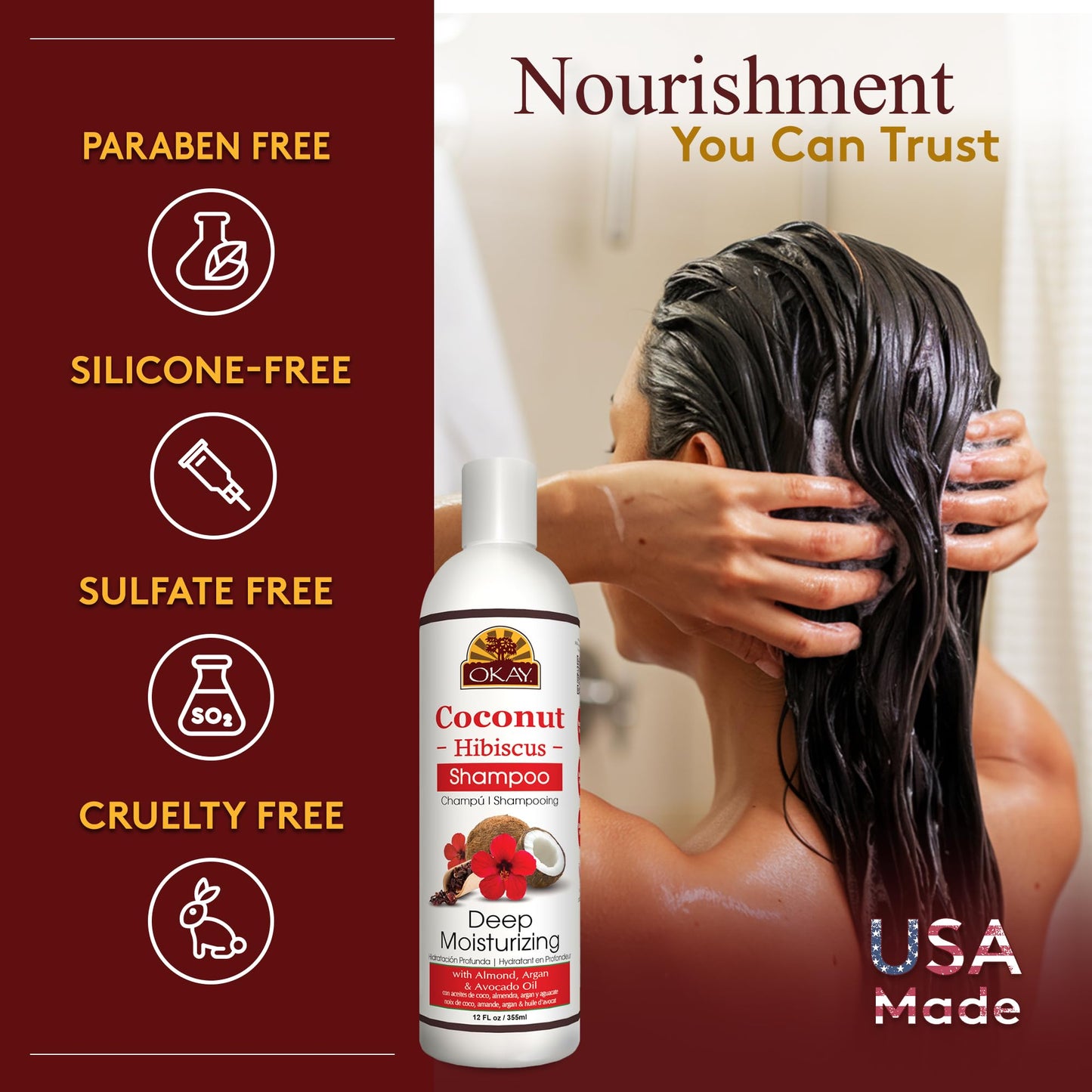 OKAY | Coconut Hibiscus Shampoo | For All Hair Types & Textures | Restore, Rehydrate, Strengthen Hair | With Almond, Argan & Avo