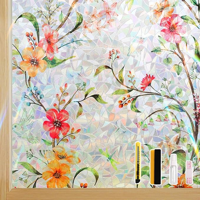 Finnez Stained Glass Window Film with Floral Pattern, Crescent Base and Rainbow Effect, Decorative Static Cling No Glue No Residue 35.4 x 78.7 Inches