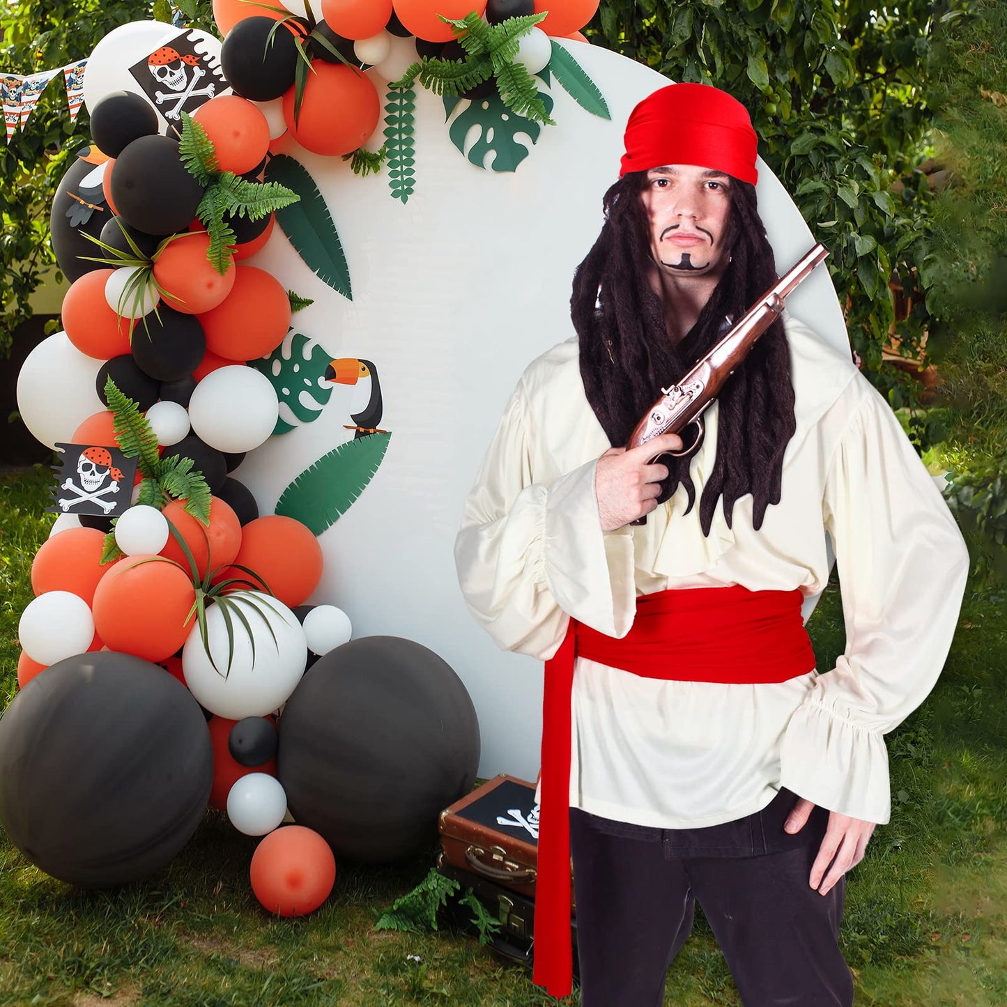 Unittype 3 Pieces Pirate Costume for Men, Pirate Shirt Head Scarf and Sash Belt Costume for Men(White, Red)