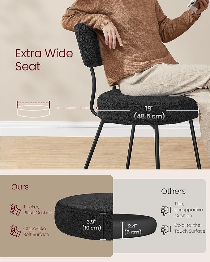 VASAGLE Boucle Dining Chairs Set of 2, Upholstered Kitchen Dining Room Chairs with Curved Backrest and Steel Frame, Modern Mid Century, Round, for Vanity, Living Room, Ink Black UKDC110B01