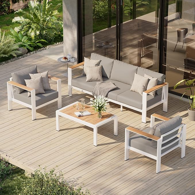 Oasbira Aluminum Outdoor Patio Furniture Set with Coffee Table, 4 Piece Outdoor Conversation Sets with Washable Thick Cushions, Patio Sectional Furniture Set for Porch, Balcony, Deck, White