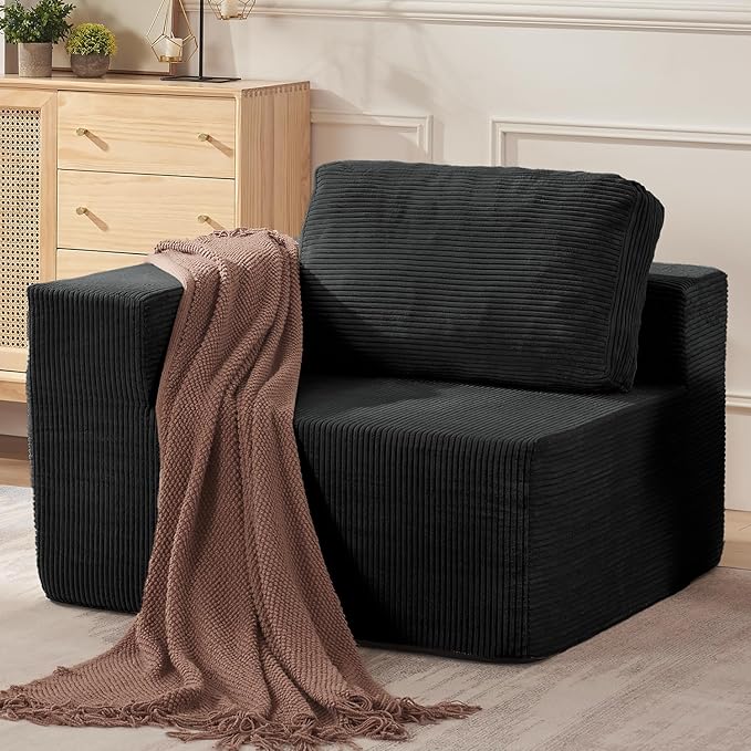 Furnify 40" Modular Upholstered Foam Couch, Upholstered Floor Sofa Couch with Pillow, Single Sofa for Bedroom Living Room, No Assembly Required (Corduroy Fabric, Black)