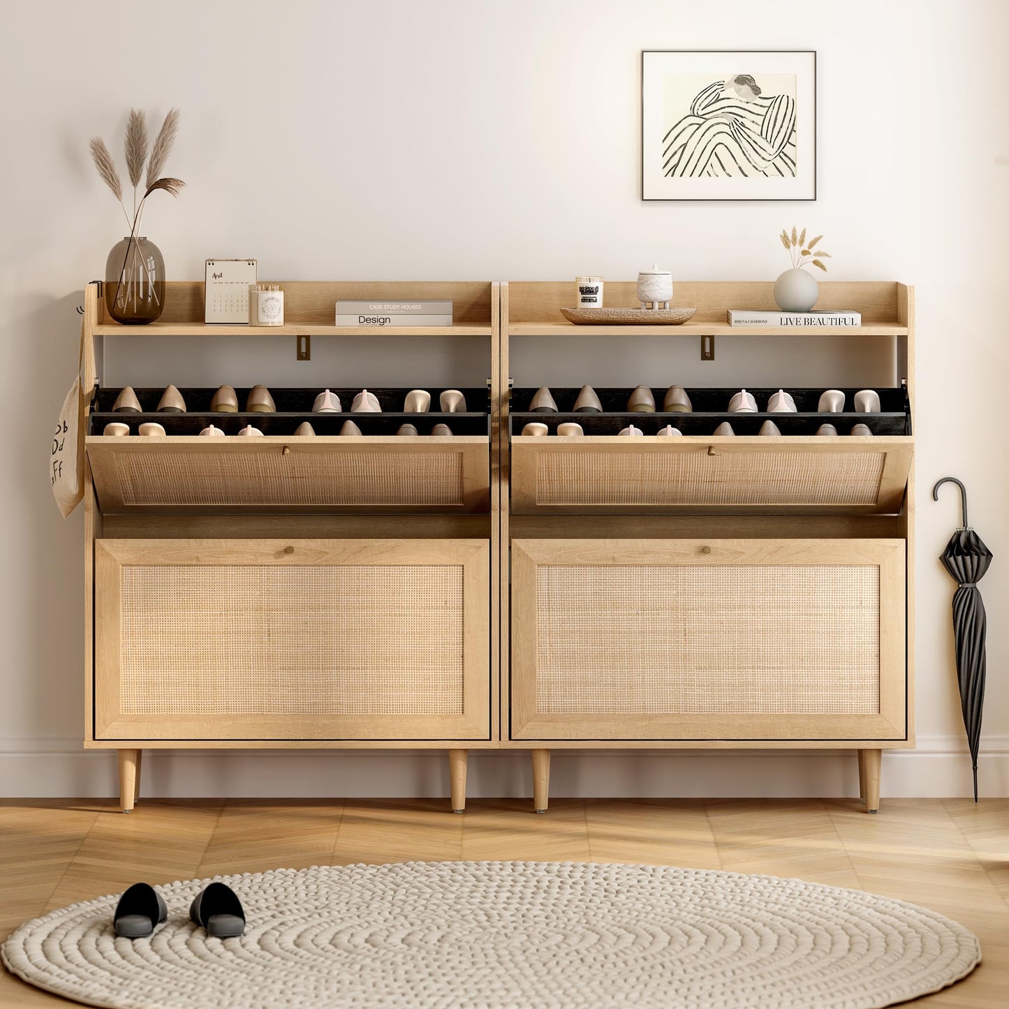 EYYTHUNG Rattan Shoe Cabinet with 2 Flip Drawers, Mid Century Modern Shoe Organizer, Boho Wooden Hidden Slim Narrow Shoe Rack Cabinet for Entryway, Hallway, Natural Oak