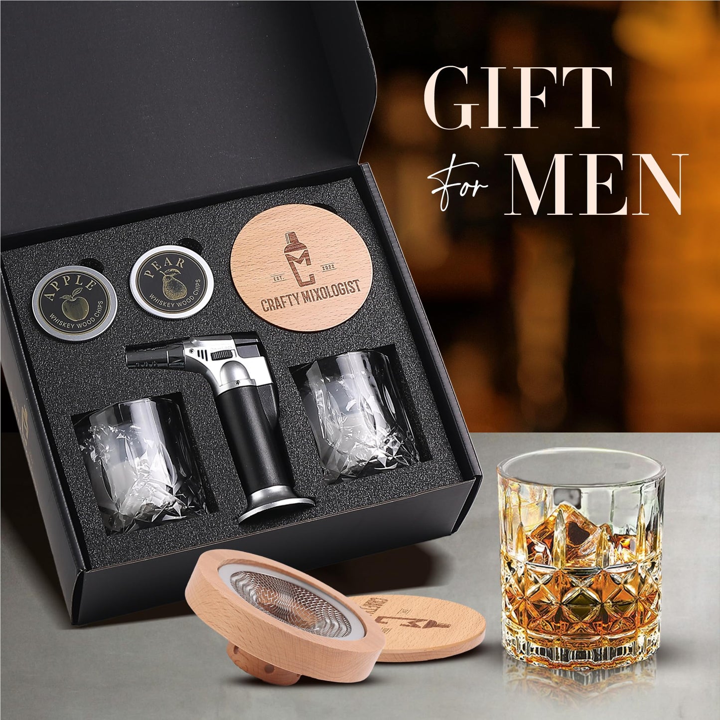 Whiskey Smoker Kit with Torch – 6 Wood Chip Flavors & 2 Glasses – Cocktail Smoker Infuser Set for Old Fashioned and Bourbon– Birthday Gifts for Men, Dad, Husband and Boyfriend(Butane Not Included)