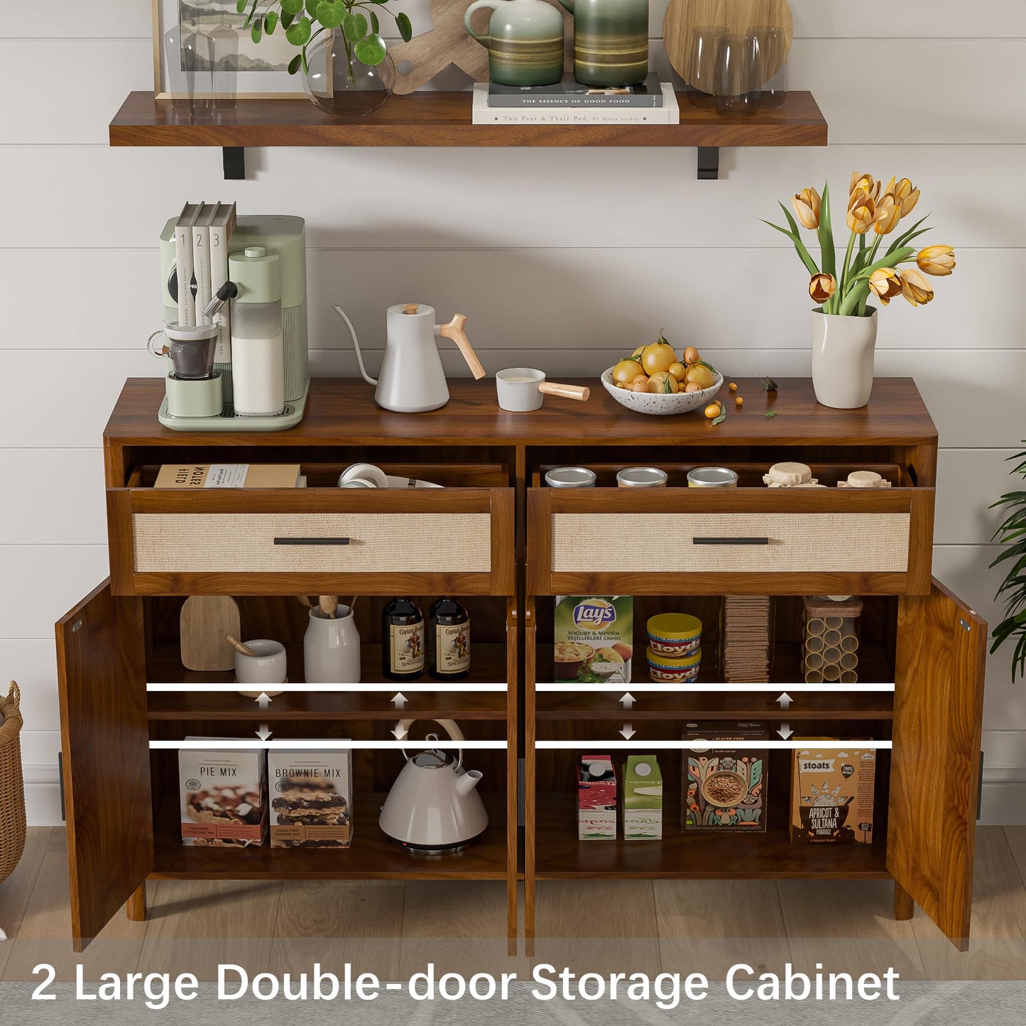 Mxtxmy Farmhouse Sideboard Buffet with Storage, 55' Large Buffet with 4 Doors and 2 Drawers, Wood Coffee Bar, Storage Cabinet for Kitchen, Dining Room, Living Room (Walnut)