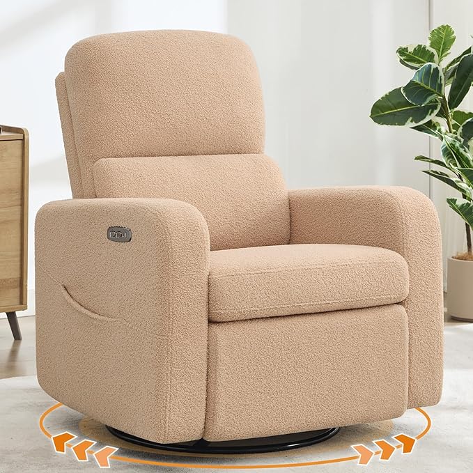 AEMEIOS Power Swivel Rocker Recliner, Oversized Boucle Electric Recliner Chair, Swivel Glider Nursery Reclienr with Removable Cushion, Upholstered Recling Chair for Living Room Bedroom, Teddy Camel