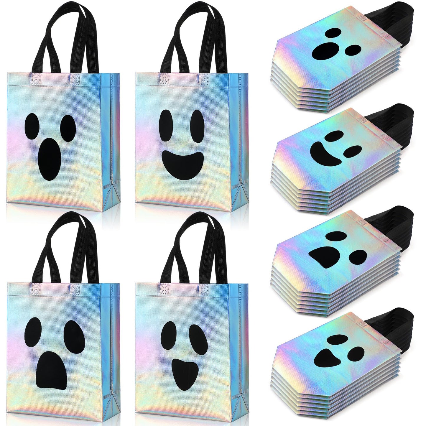 Paterr 24 Pcs Iridescent Halloween Trick or Treat Bags Holographic Ghost Candy Goodie Tote Reusable Non-woven Gift Bags for Summer Halloween Party Supplies Favors, 8''x4''x10''